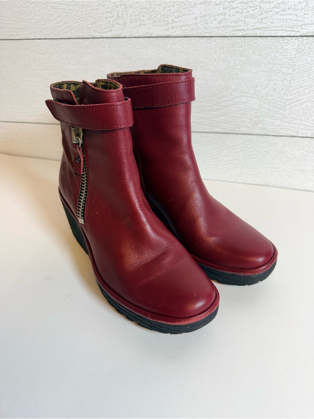 Fly London Women's Wine Red Ankle Boots with Side Zip Size 38 US 7.5